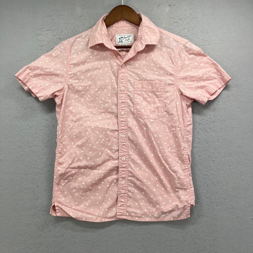 American Eagle Button Up Shirt Mens XS Pink Geometric Short Sleeve Casual Preppy